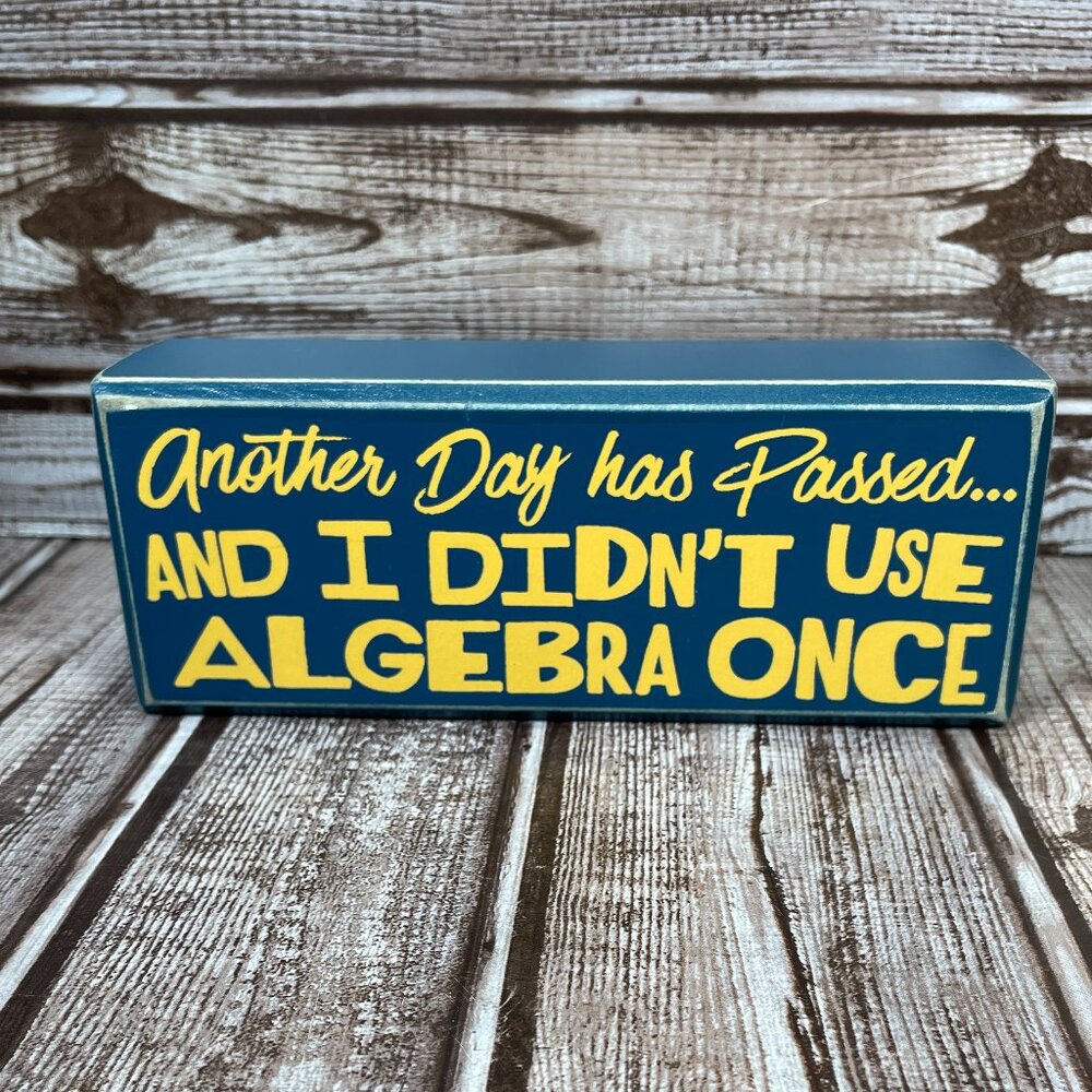 QUESTIONABLES Blue Wooden Sign Plaque Box Math Didn't Use Algebra Once 6.5"